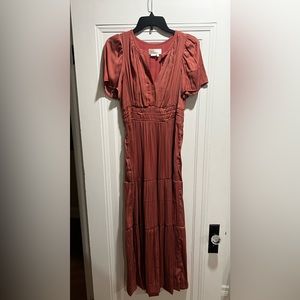 Anthropologie Pleated V Neck Silk Maxi Dress